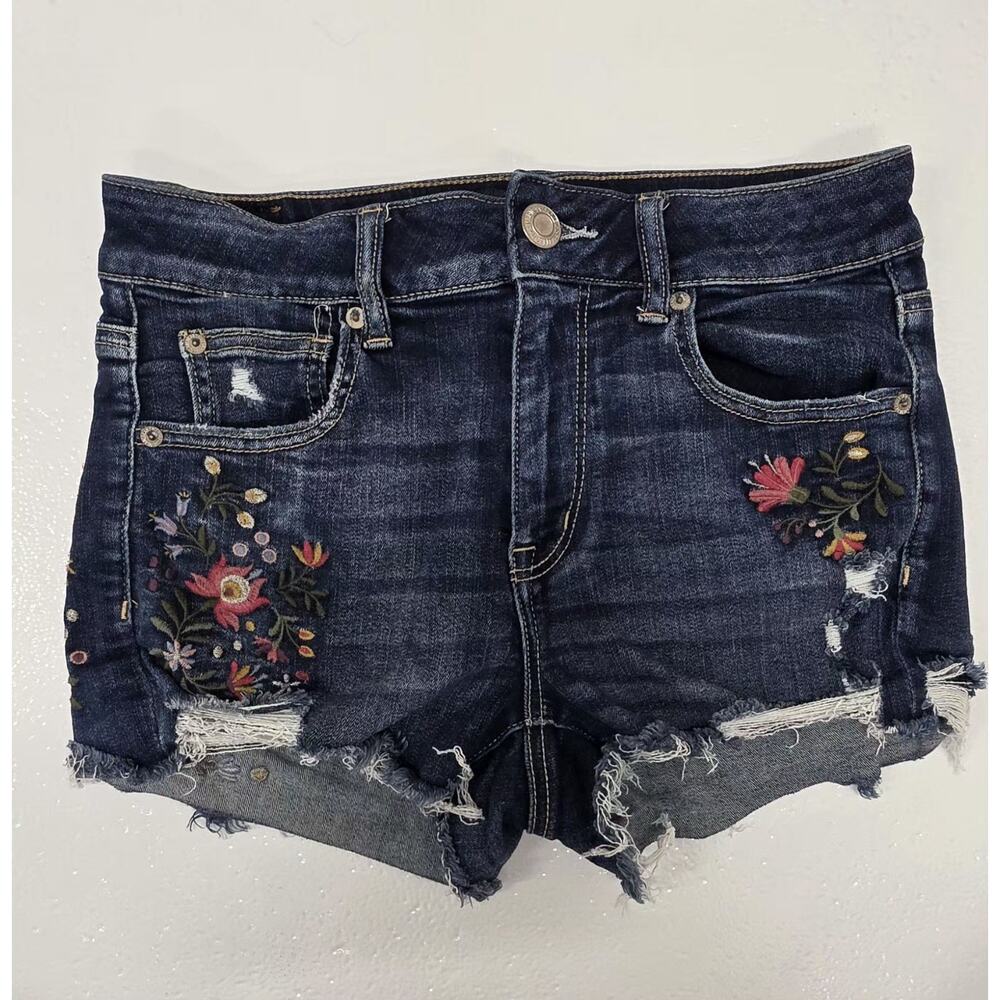American Eagle Shorts Womens 8 Hi Rise Shortie Floral Dark Wash Ripped Denim